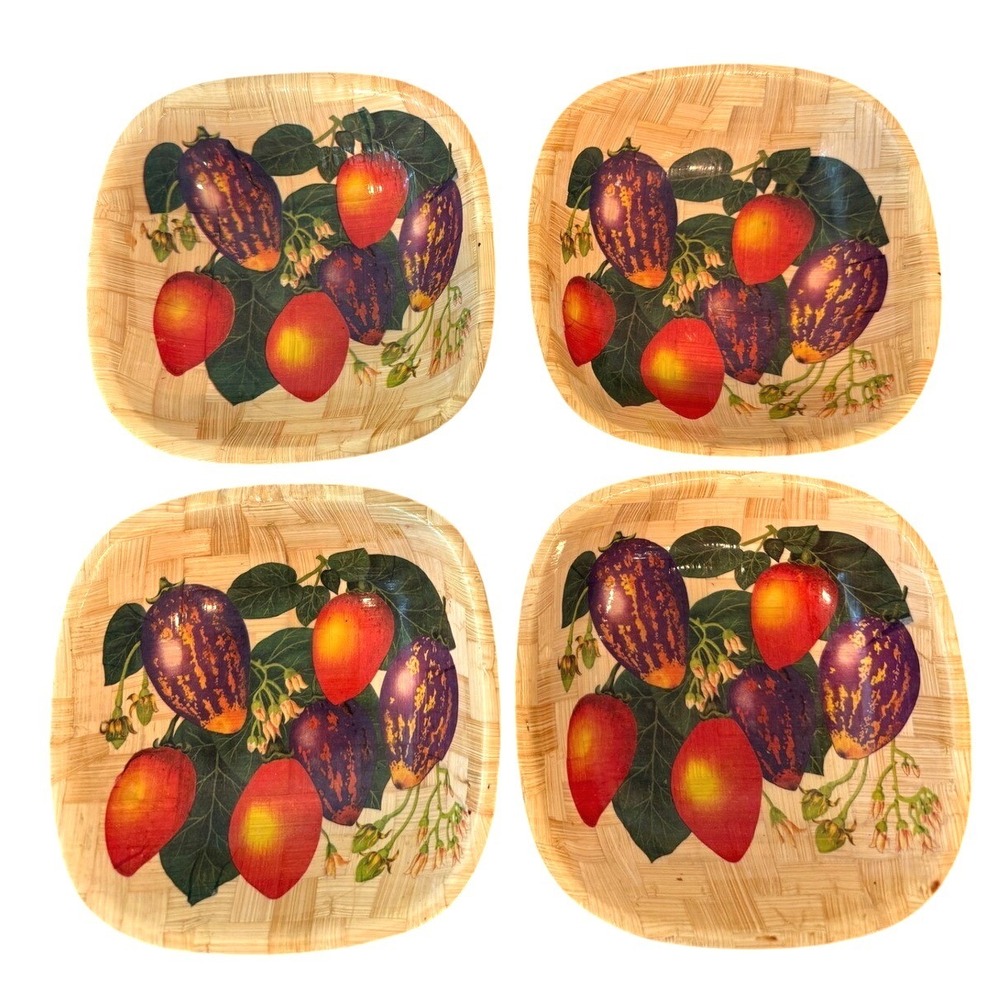 Vintage Set of 4 Bamboo Woven Handpainted Vegetable Bowls 6" Square